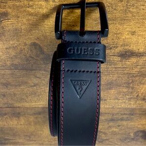 GUESS Genuine Leather Belt Matte Black Red Stitch Men’s Small Grunge Rock Preppy